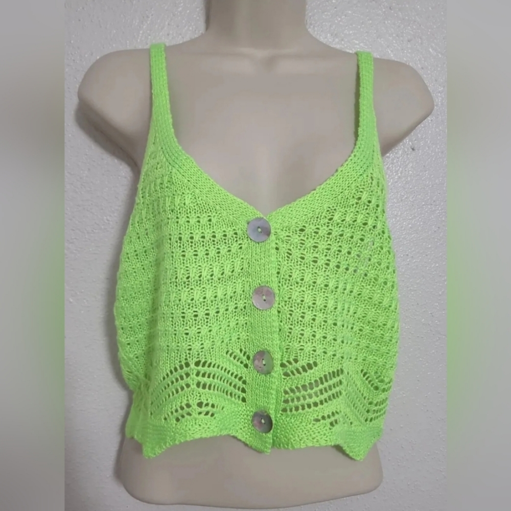 Jolie & Joy Knit Crochet Neon Green Cropped Tank Large New with tag